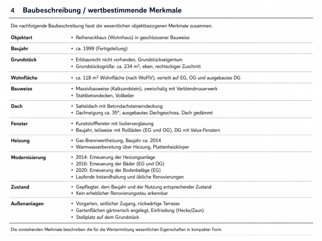 Anonymisiertes Beispiel einer kompakten Baubeschreibung im Marktwertgutachten