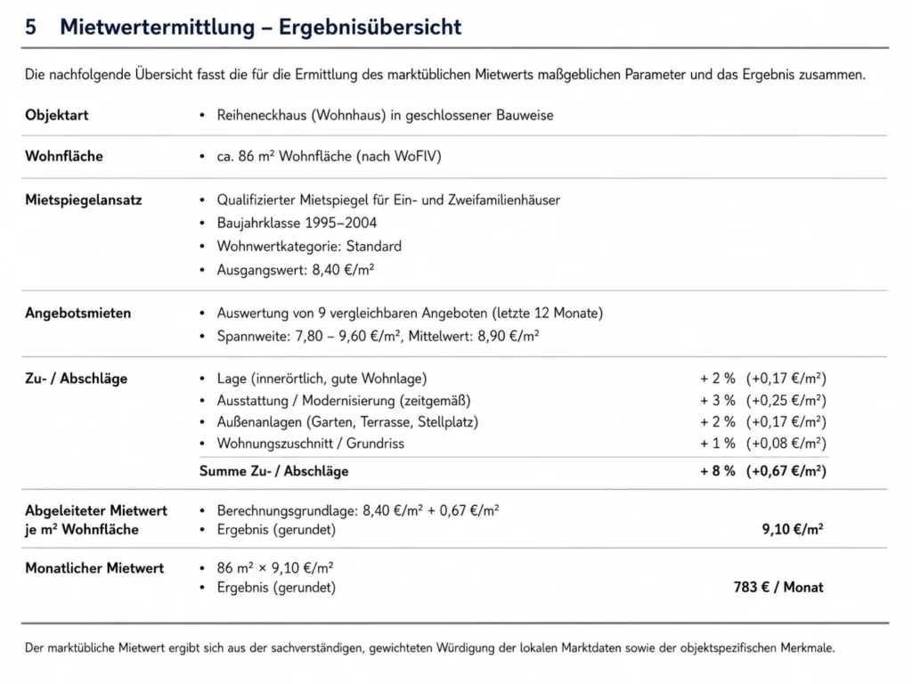 Anonymisierte Ergebnisübersicht eines Mietwertgutachtens mit Mietspiegel und Angebotsmieten