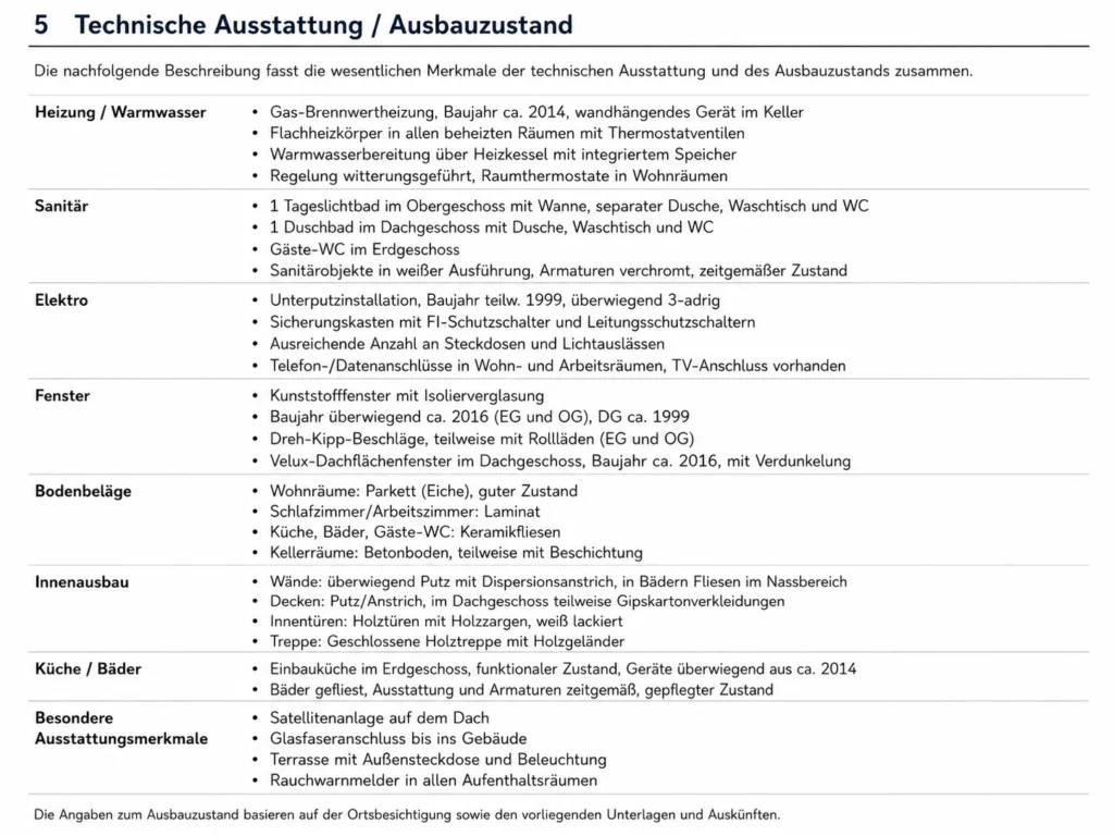 Anonymisierte ausführliche Ausstattungsbeschreibung im Verkehrswertgutachten