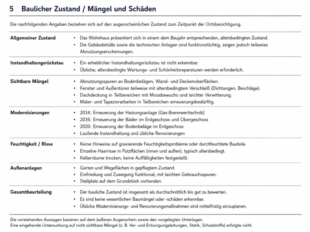 Anonymisierter Ausschnitt eines Verkehrswertgutachtens zu Bauteilen Mängeln und Gebäudezustand